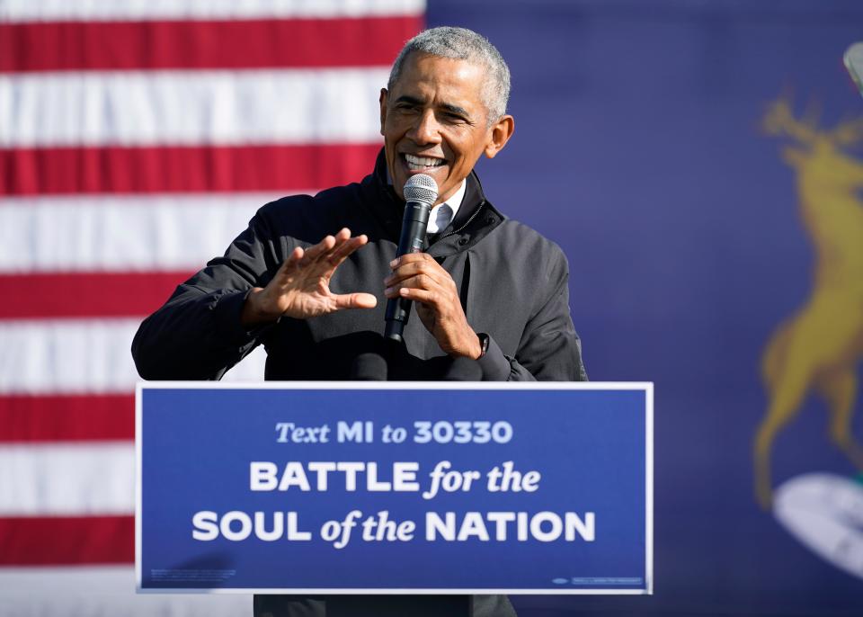 Former President Barack Obama speaks at a rally for Democratic presidential nominee Joe Biden, who served as his vice president, at Northwestern High School in Flint, Mich., on Oct. 31, 2020.