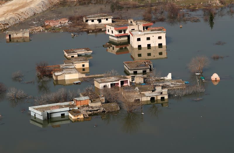 Houses submerged by the rising waters of the Tigris River are seen in Hasankeyf in southeastern Batman province