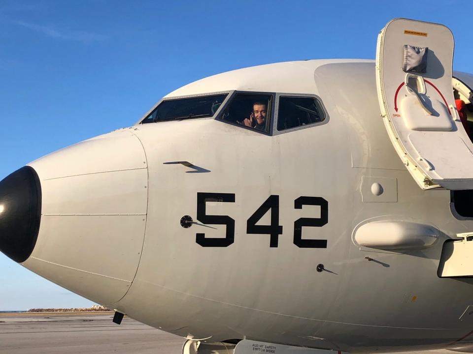 Jamie Gillan in the cockpit of a US Navy P-8A Poseidon