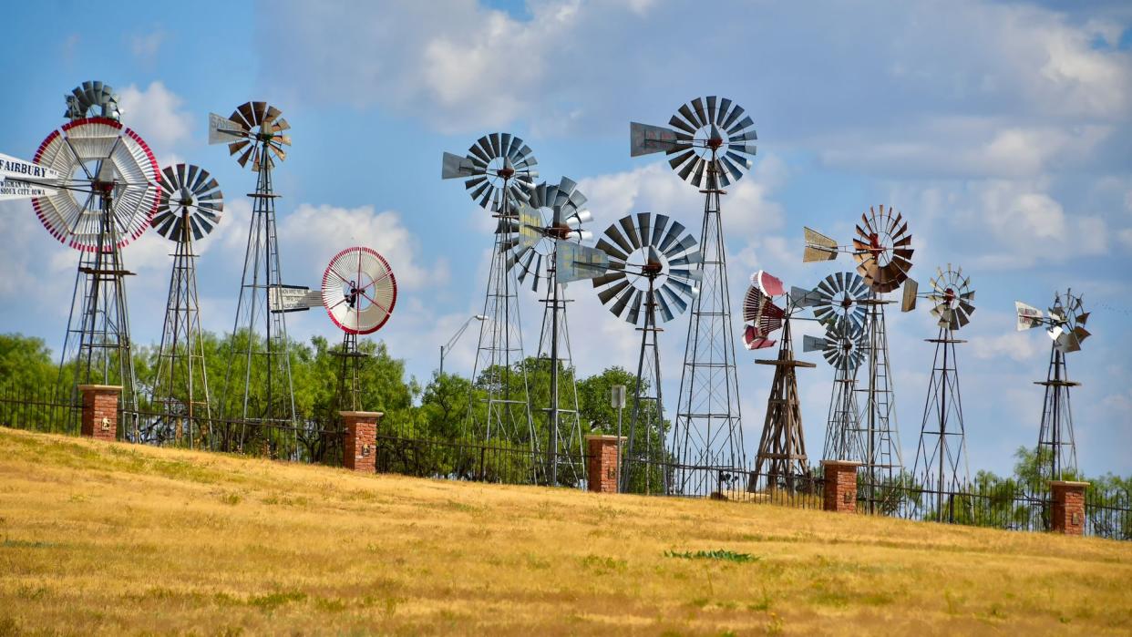 Lubbock, Texas / USA - Circa September 2019 Various windmills in use on the Great Plains of America on display at the American Windmill Museum, in Lubbock , Texas.