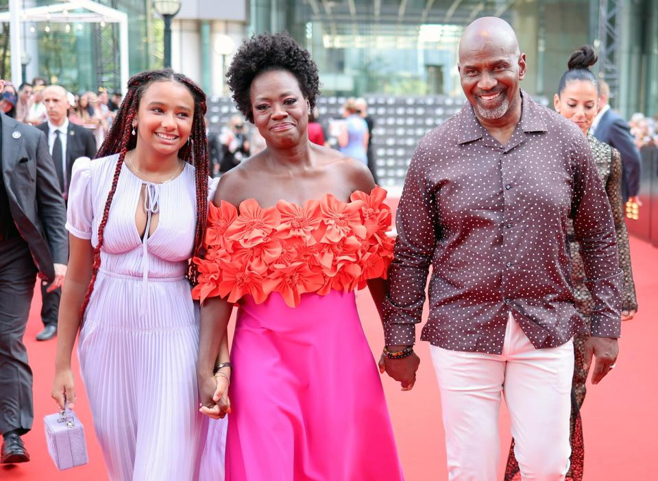 Genesis Tennon, Viola Davis, and Julius Tennon attend "The Woman King" Premiere during the 2022 Toronto International Film Festival at Roy Thomson Hall on September 09, 2022 in Toronto, Ontario