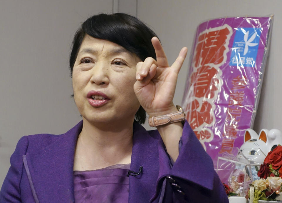 In this Feb. 4, 2019, photo, Mizuho Fukushima, a Social Democratic Party lawmaker, speaks at her office during an interview with The Associated Press in Tokyo. Thirteen same-sex couples are filing Japan’s first lawsuits challenging the constitutionality of the country’s rejection of same-sex marriage on Valentine Day, Thursday, Feb. 14, 2019 in Tokyo. “Many people don’t even think of a possibility that their neighbors, colleagues or classmates may be sexual minorities,” said the lawyer-turned-lawmaker and an expert on gender and human rights issues. (AP Photo/Mari Yamaguchi)