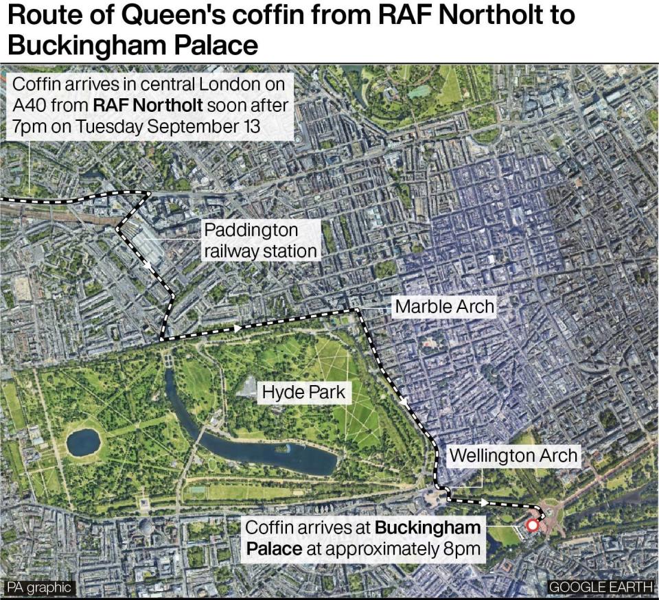 The Queen's coffin will be taken from RAF Northolt to Buckingham Palace before lying in state. (PA)