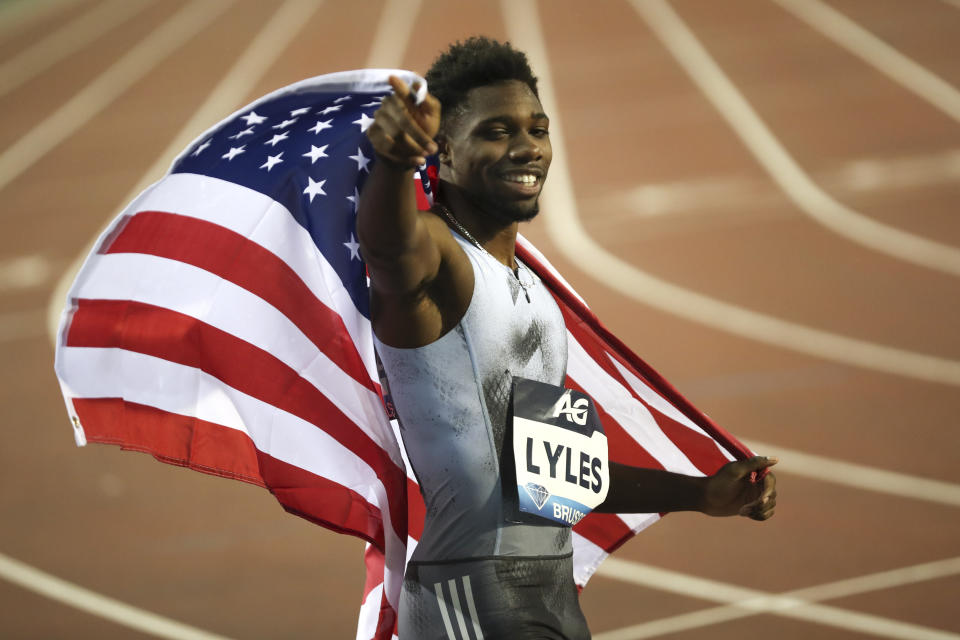 US' Noah Lyles celebrates after winning the Men's 200m during the Diamond League Memorial Van Damme athletics event at the King Baudouin stadium in Brussels, Friday, Sept. 6, 2019. (AP Photo/Francisco Seco)