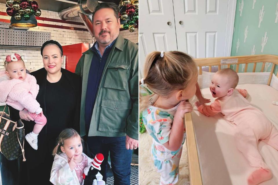 <p>Meghan McCain/ Instagram</p> Meghan McCain and husband Ben Domenech with daughters Clover and Liberty (L), Liberty playing with Clover (R)