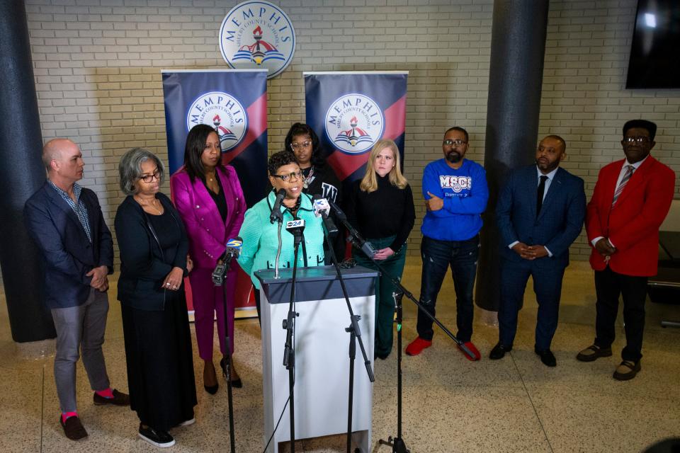 Memphis-Shelby County Schools school board chair Althea Greene speaks to the media with the rest of the school board behind her after the board selected Marie Feagins, the chief of leadership and high schools, executive director of high school transformation, and special assistant to the superintendent for the Detroit Public Schools Community District, as the new MSCS superintendent in Memphis, Tenn., on Friday, February 9, 2024.