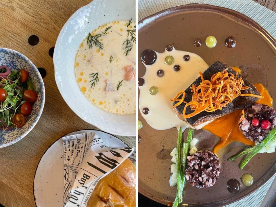 Side by side images of plates of food as seen overhead.