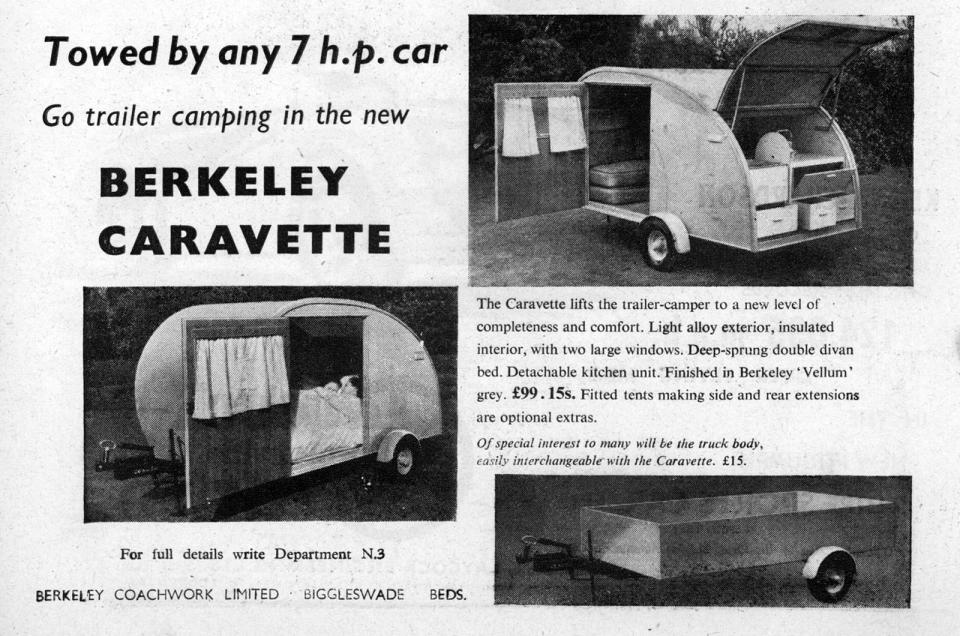 <p>Berkeley made full-size caravans as well as plastic-bodied microcars. This precursor to the modern teardrop caravan looks intriguing and horrifying in equal measure. Perfect for towing behind your Mini, the Caravette was quite costly for something so basic; at current prices this would cost around £2500.</p>