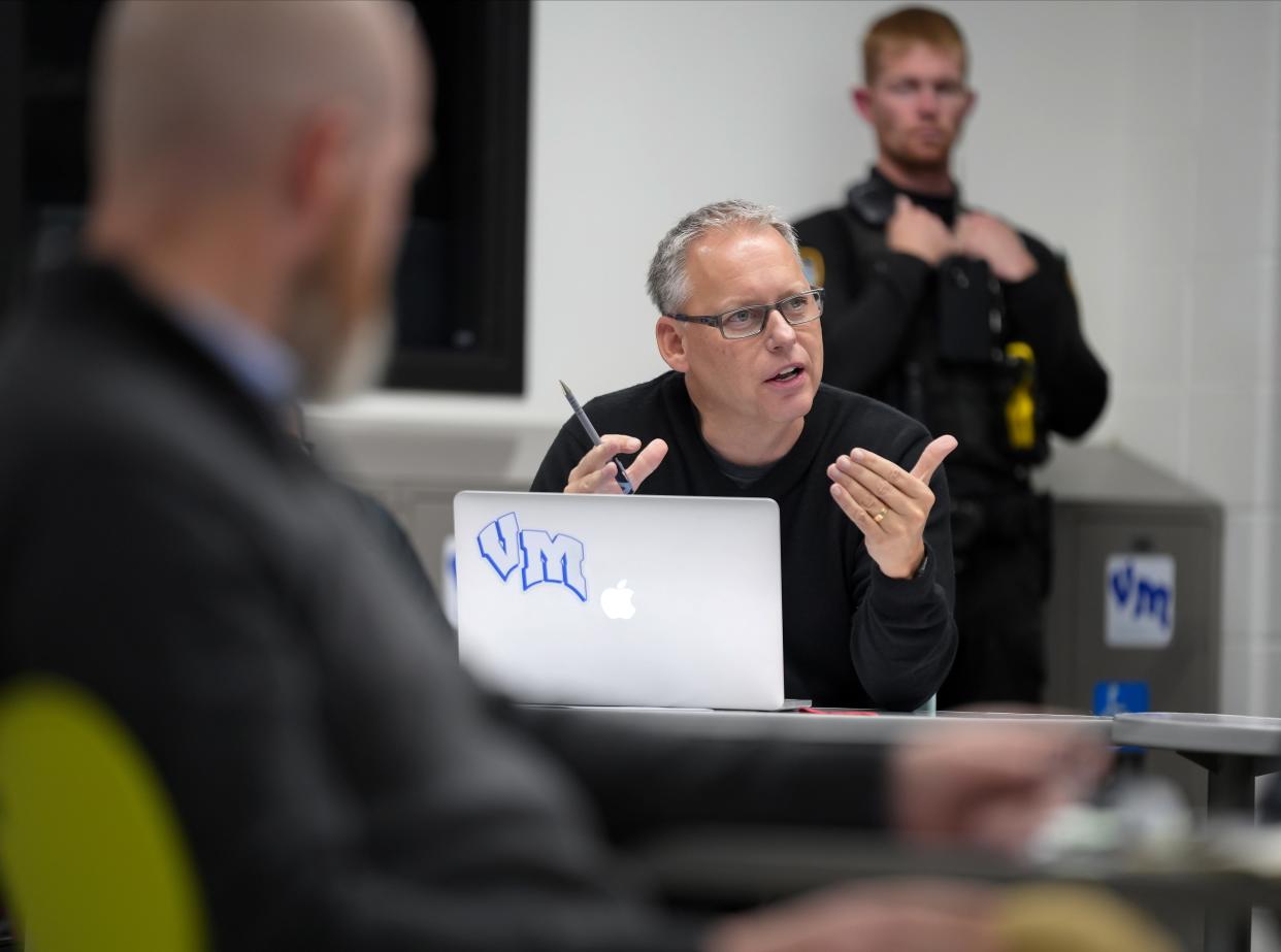 Members of the Van Meter Board of Education see a video presentation during a regular school board meeting on Wednesday, Nov. 16, 2022, in Van Meter.