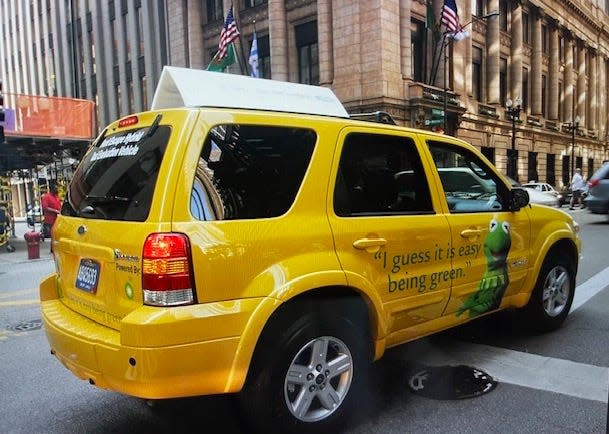 The Ford Escape hybrid SUV, purchased for taxi service in New York City, featured Kermit the Frog during the Super Bowl in 2006. “I guess it is easy being green.”