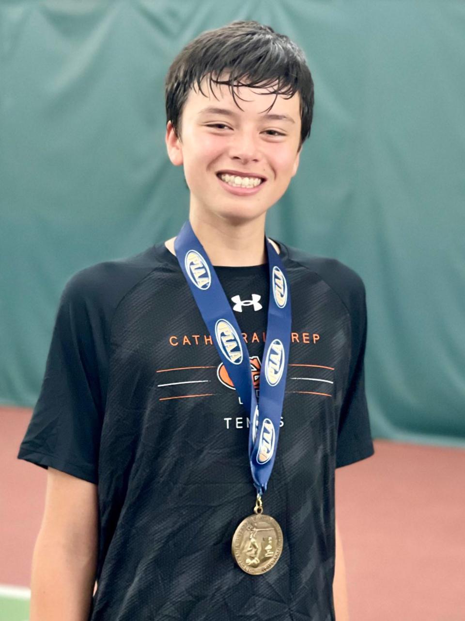 Cathedral Prep freshman Jonah Ng, left, wears his fourth-place medal on Saturday, May 28, 2022, at the PIAA Class 2A singles tennis tournament.