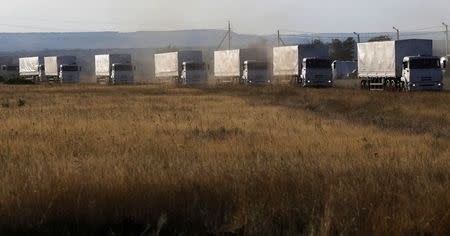 Trucks of a Russian convoy carrying humanitarian aid for Ukraine drive before parking at a camp near Donetsk located in Rostov Region, August 21, 2014. REUTERS/Alexander Demianchuk