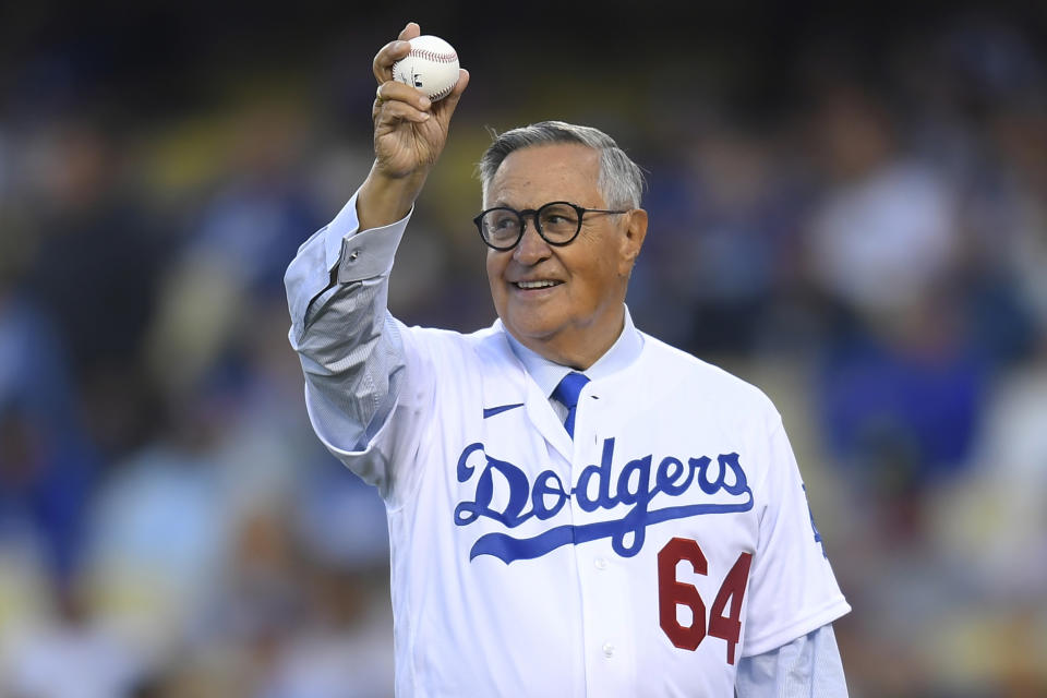 Spanish language broadcaster Jaime Jarrin throws out first pitch on opening day (John McCoy / Icon Sportswire via Getty Images file)