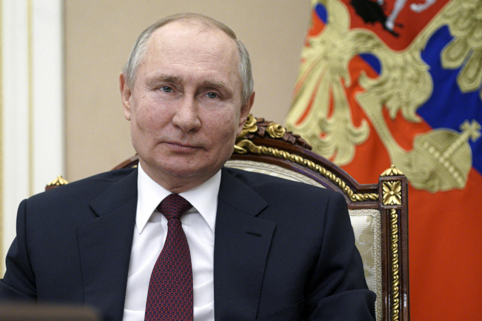 Russian President Vladimir Putin attends a meeting on social and economic development of Crimea and Sevastopol, via video conference in Moscow, Russia, Thursday, March 18, 2021. (Sputnik, Kremlin Pool Photo via AP)