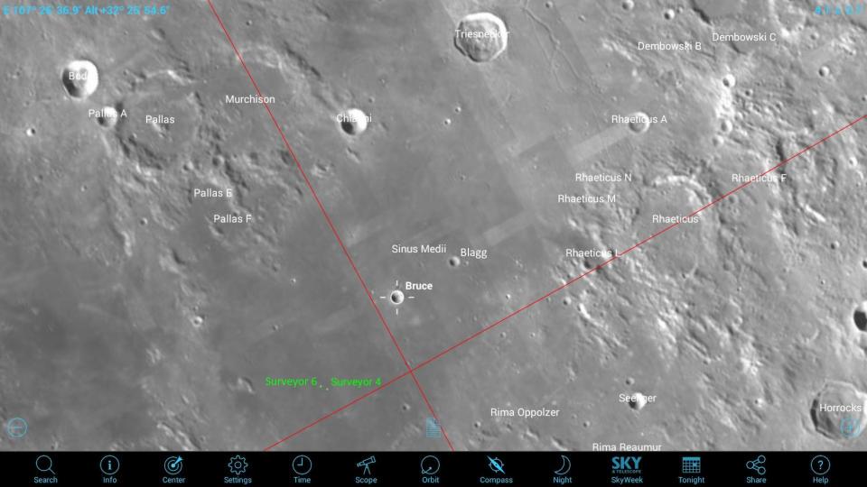 The origin point for the moon's selenographic coordinate system (where the two red lines intersect) uses the moon's equator and the location on it that points toward Earth's center. East on the moon is toward the right for observers in the Northern Hemisphere. To see this location in your telescope, look for the small craters Bruce and Blagg and hop southward by their separation. The Surveyor spacecraft landing sites are nearby. <cite><a href="http://www.skysafariastronomy.com/" rel="nofollow noopener" target="_blank" data-ylk="slk:SkySafari App;elm:context_link;itc:0;sec:content-canvas" class="link ">SkySafari App</a> </cite>