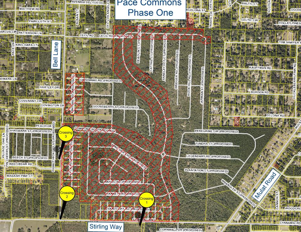 Proposed drainage crossings for the Pace Commons Subdivision are pictured.