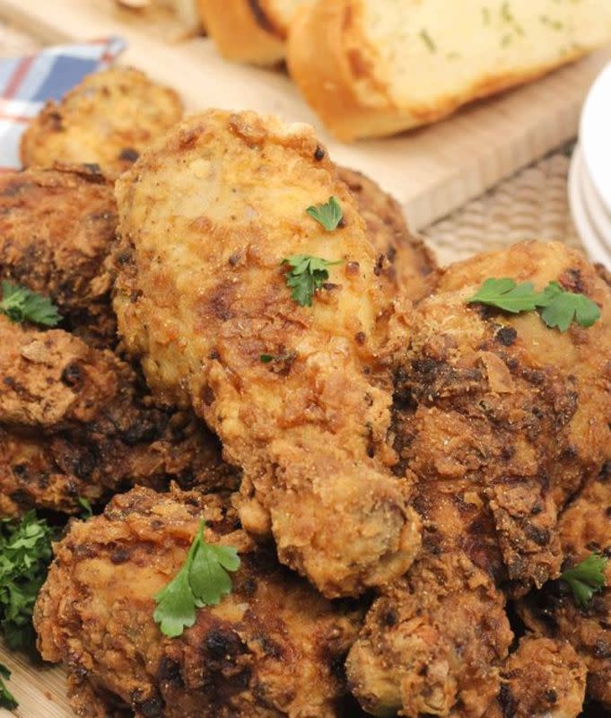 <p>The Pressure Cooker</p><p>This pressure cooker fried chicken is a deep-fried battered chicken. </p><p><strong>Get the recipe: </strong><a href="https://apressurecooker.com/instant-pot-fried-chicken/" rel="nofollow noopener" target="_blank" data-ylk="slk:Instant Pot Fried Chicken;elm:context_link;itc:0;sec:content-canvas" class="link rapid-noclick-resp"><strong>Instant Pot Fried Chicken</strong></a></p>