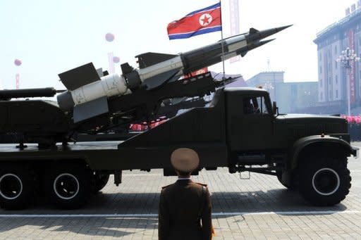 A missile is displayed during a military parade in Pyongyang on April 15. Regional tensions have risen since Pyongyang went ahead with a long-range rocket launch last Friday, defying international calls to desist