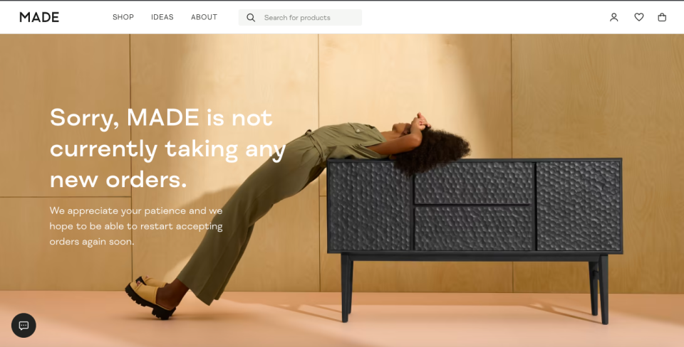 madecom website  suspends new orders