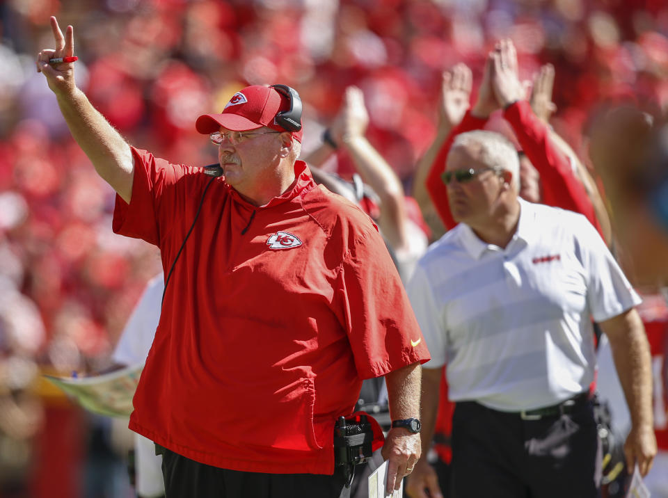 KANSAS CITY, MO - SEPTEMBER 23: Kansas City Chiefs head coach Andy Reid signaled the defense that the San Francisco 49ers would attempt a two-point conversion in the third quarter on September 23, 2018 at Arrowhead Stadium in Kansas City, Missouri.  (Photo by David Eulitt / Getty Images)