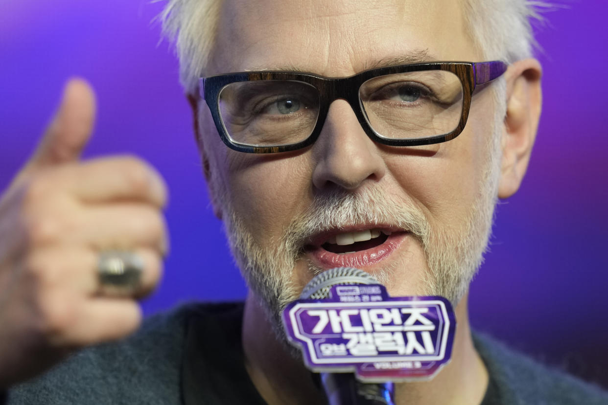 Director James Gunn answers a reporter's question during a press conference to promote their latest film 