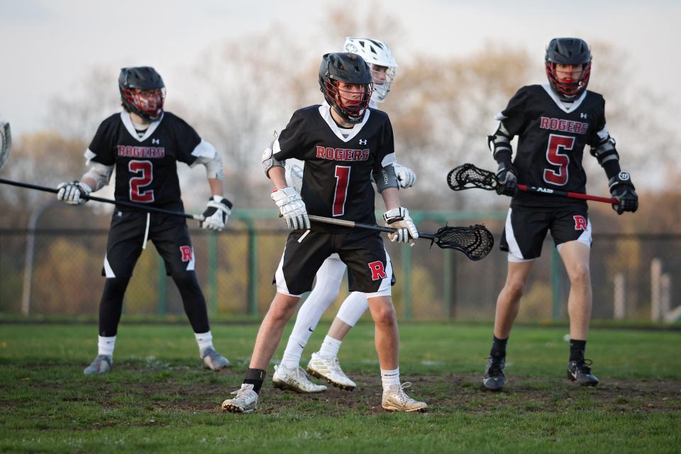 Dylan Lachi (2), Jack Mathews (1) and David Rivera (5) combined to scored eight goals and assist on four others in Rogers High School's win over the Cranston East/Johnston/North Providence co-op squad on Friday. With the victory the Vikings clinched at least a tie for the Division-IV regular-season title.