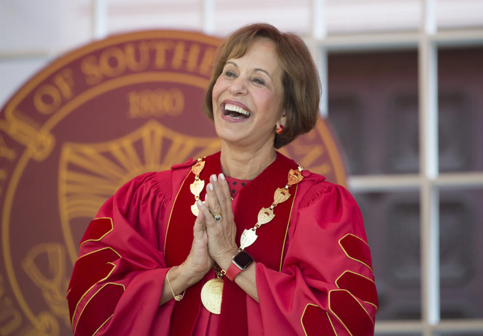 IMAGE DISTRIBUTED FOR USC- Carol L. Folt reacts to the crowd during her inauguration ceremony as USC's 12th president Friday Sept. 20, 2019 in Los Angeles. (Phil McCarten/AP Images for USC)