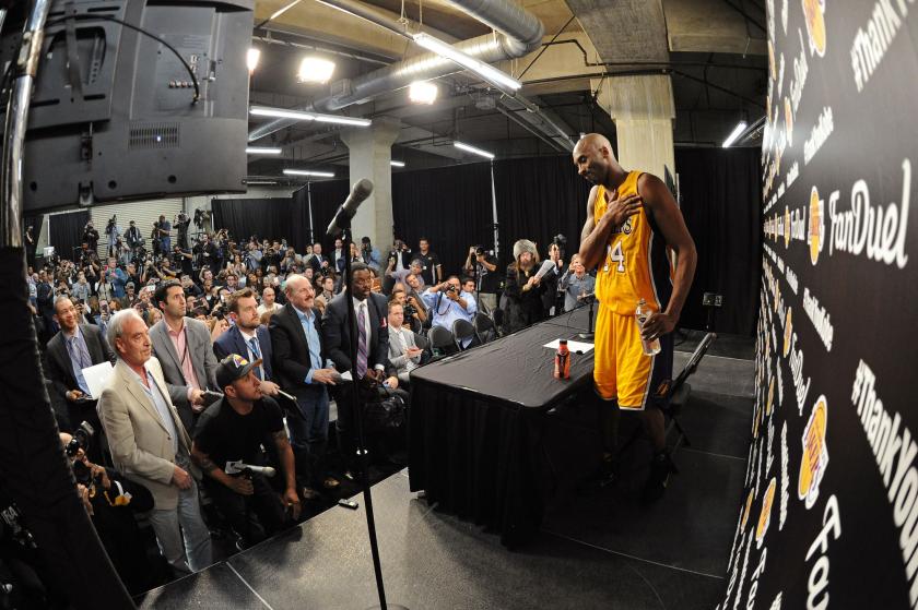 Kobe Bryant speaks to reporters after his final NBA game April 13, 2016, at Staples Center.