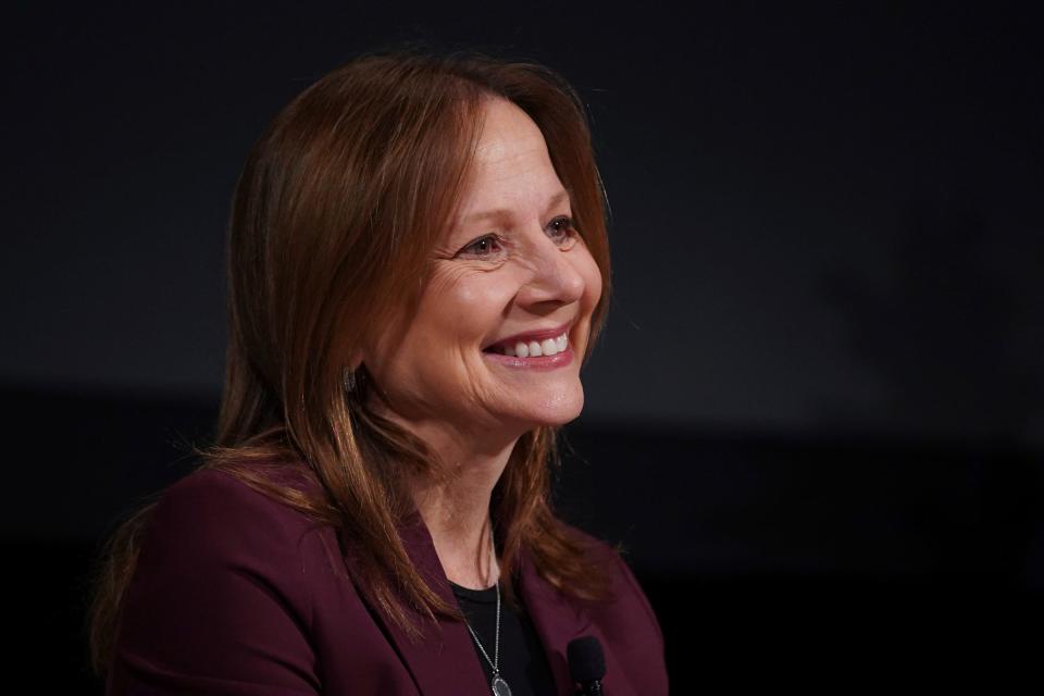 General Motors CEO Mary Barra speaks to a crowd of journalists during a fireside chat with APA president Mike Wayland at the Gem Theatre in Detroit on Monday, December 4, 2023.