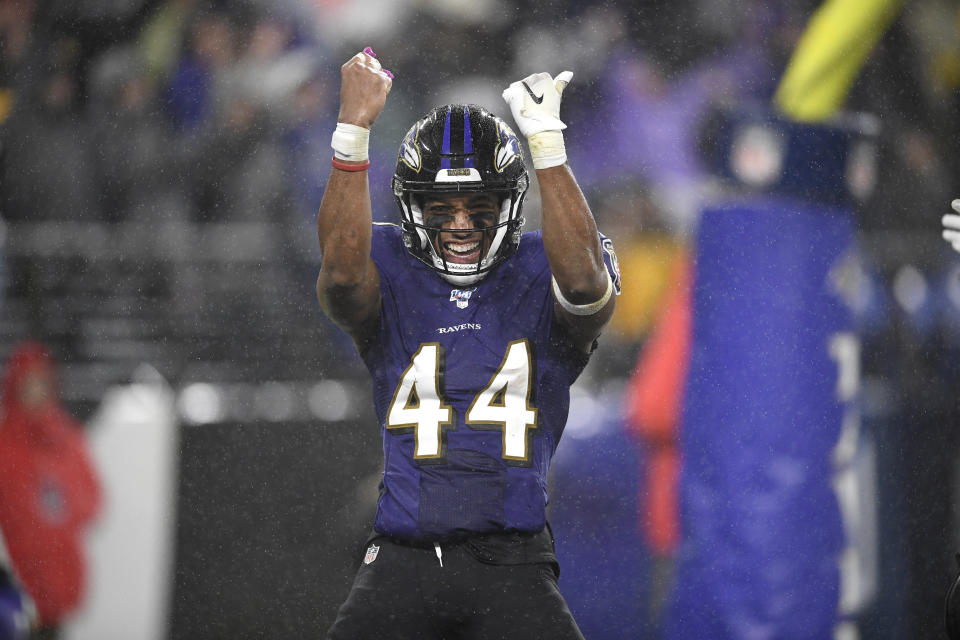 Baltimore Ravens cornerback Marlon Humphrey reacts after the Ravens scored a safety against the Pittsburgh Steelers during the second half of an NFL football game, Sunday, Dec. 29, 2019, in Baltimore. The Ravens won 28-10. (AP Photo/Nick Wass)
