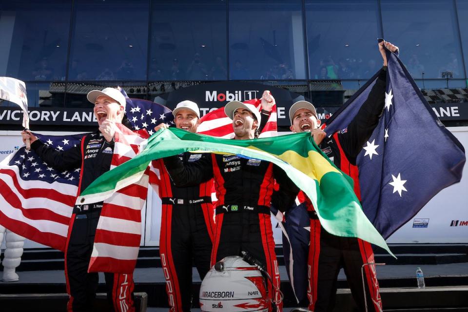 7 porsche penske motorsports, porsche 963, gtp matt campbell, felipe nasr, dane cameron, josef newgarden, podium,