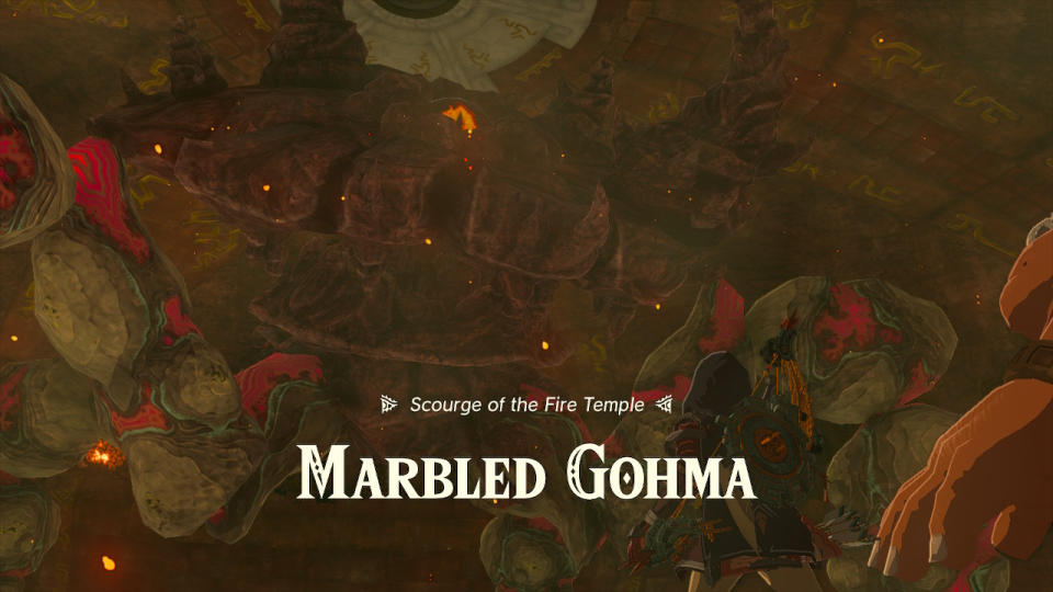 Fire temple boss Marbled Gohma standing over Link