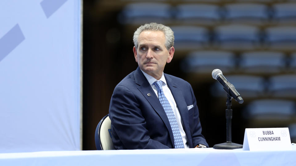 CHAPEL HILL, NC - APRIL 6: UNC Athletic Director Bubba Cunningham during the Hubert Davis , introductory press conference at Dean E. Smith Center on April 6, 2021 in Chapel Hill, North Carolina. (Photo by Andy Mead/ISI Photos/Getty Images)