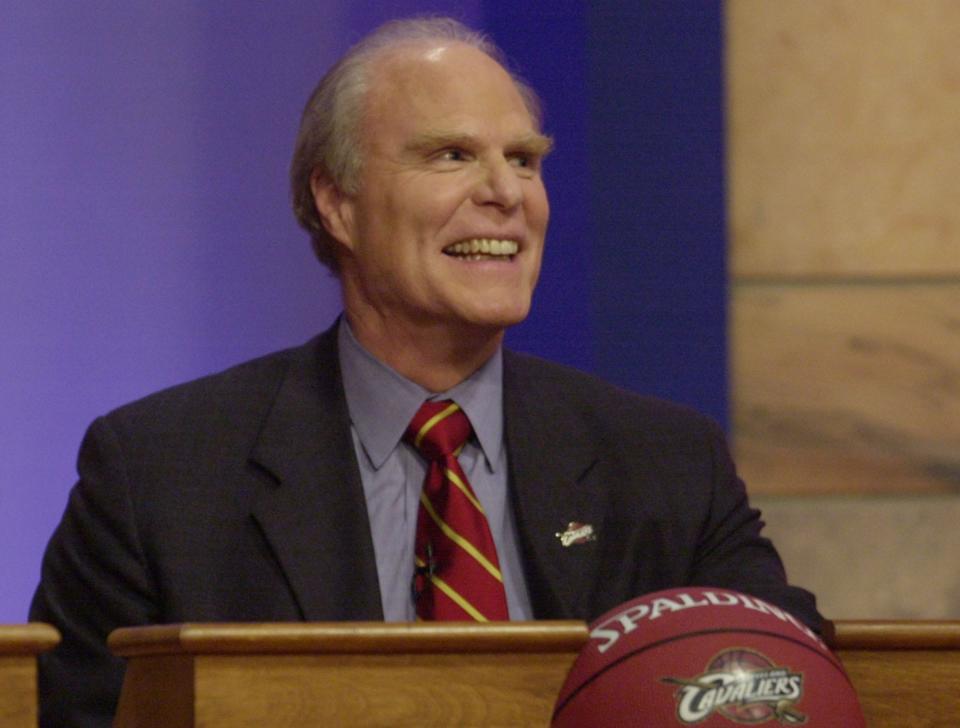 Gordon Gund, then owner of the Cavaliers, reacts as his team gets the No. 1 draft pick in the NBA Draft Lottery and the right to choose LeBron James out of St. Vincent-St. Mary High School in Akron.