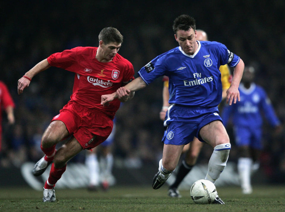 Steven Gerrard and John Terry battling for possession in the 2005 League Cup final. Photo by Clive Brunskill/Getty Images