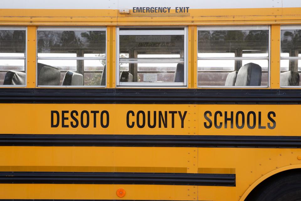 A DeSoto County Schools bus is seen in Hernando, Miss., on Wednesday, February 28, 2024.