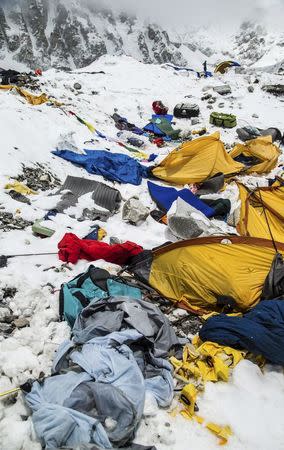 The Mount Everest south base camp in Nepal is seen a day after a huge earthquake-caused avalanche killed at least 17 people, in this photo courtesy of 6summitschallenge.com taken on April 26, 2015 and released on April 27, 2015. REUTERS/6summitschallenge.com