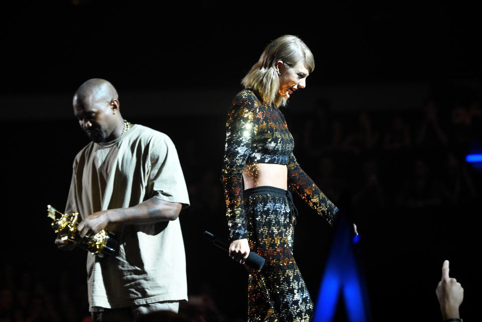 Taylor Swift and Kanye West at the&nbsp;2015 MTV Video Music Awards.