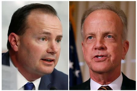 A combination photo shows U.S. Senator Mike Lee (R-UT) speaking in Washington March 21, 2017 and U.S. Senator Jerry Moran (R-KS) speaking in Washington, January 8, 2015 REUTERS/Joshua Roberts (L) and Larry Downing/File Photo