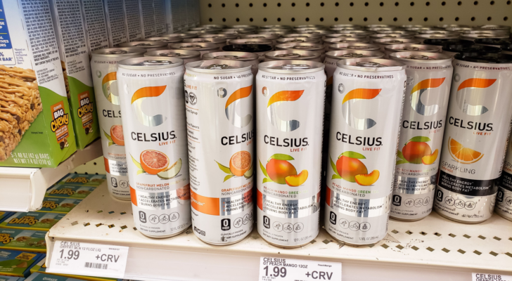 A view of several cans of Celsius (CELH) energy drinks, on display at a local grocery store.