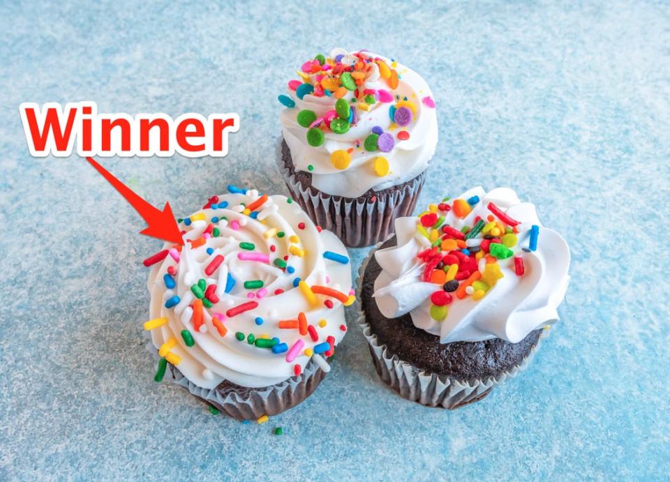 three cupcakes with arrow pointing to bottom cupcake with "Winner" written