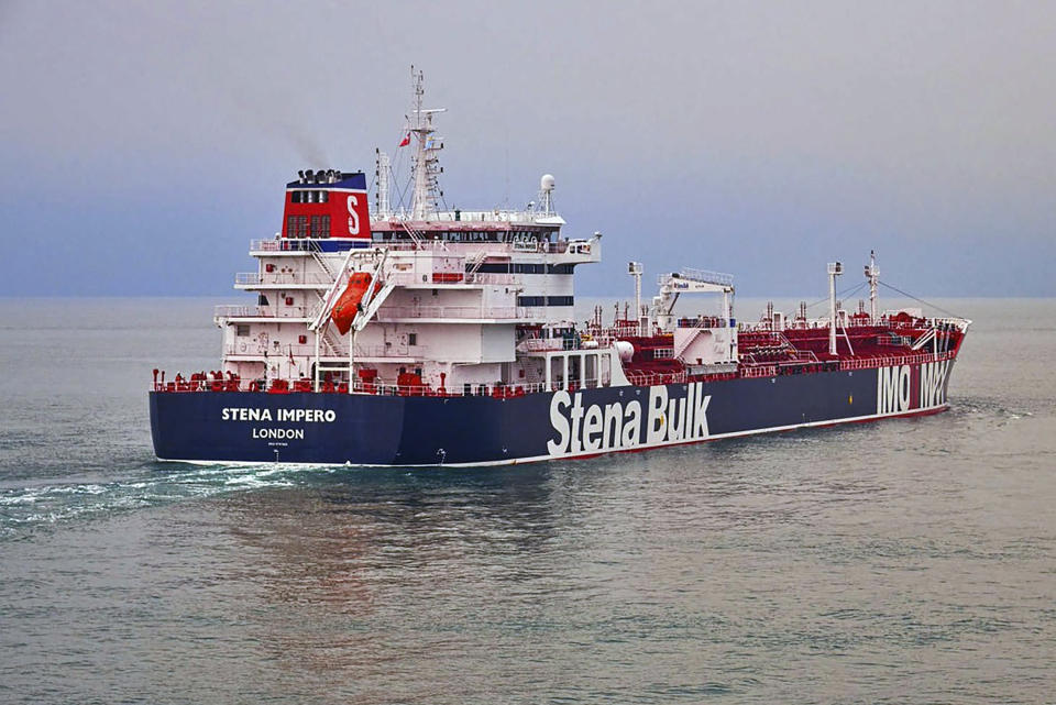 In this undated photo issued Friday July 19, 2019, by Stena Bulk, showing the British oil tanker Stena Impero at unknown location, which is believed to have been captured by Iran. Iran’s Revolutionary Guard announced on their website Friday July 19, 2019, it has seized a British oil tanker in the Strait of Hormuz, the latest provocation in a strategic waterway that has become a flashpoint in the tensions between Tehran and the West. (Stena Bulk via AP)