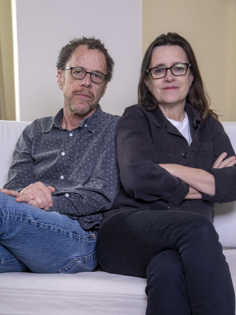 Writer/director Ethan Coen, left, and writer Tricia Cooke pose for a portrait to promote "Drive-Away Dolls" on Tuesday, Feb. 20, 2024, in New York. (Photo by Andy Kropa/Invision/AP)