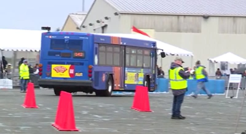 A bus navigates cones in the Public Transportation Roadeo in Portland, April 28, 2024 (KOIN)