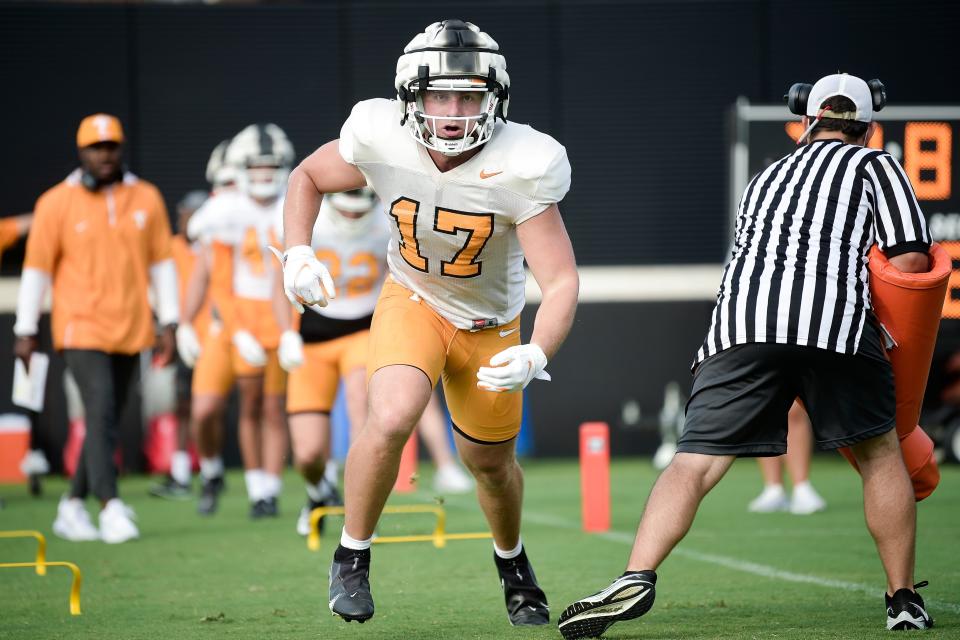 Tennessee wide receiver Michael Bittner (17) drills during fall practice at Haslam Field in Knoxville, Tenn. on Friday, Aug. 6, 2021.