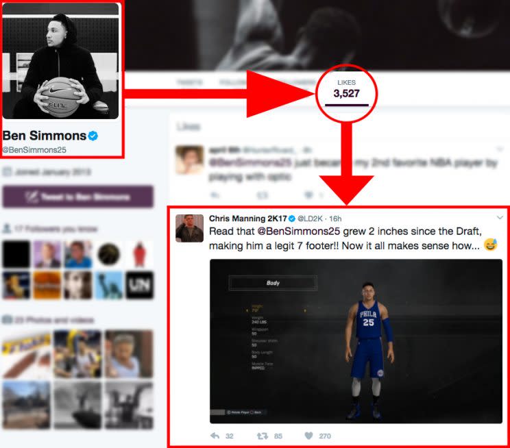 Ben Simmons is liking his new 7-foot listing on NBA2K. (Twitter)