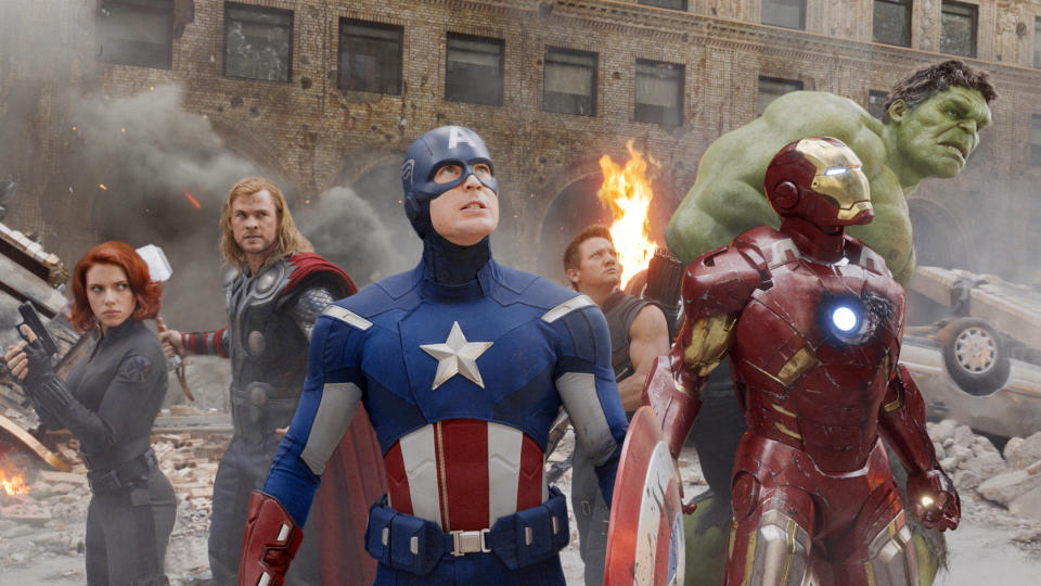 Black Widow, Thor, Captain America, Hawkeye, Iron Man and the Hulk in "The Avengers."