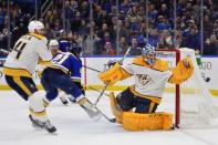 Feb 26, 2019; St. Louis, MO, USA; Nashville Predators goaltender Juuse Saros (74) defends the net during the third period against the St. Louis Blues at Enterprise Center. Mandatory Credit: Jeff Curry-USA TODAY Sports