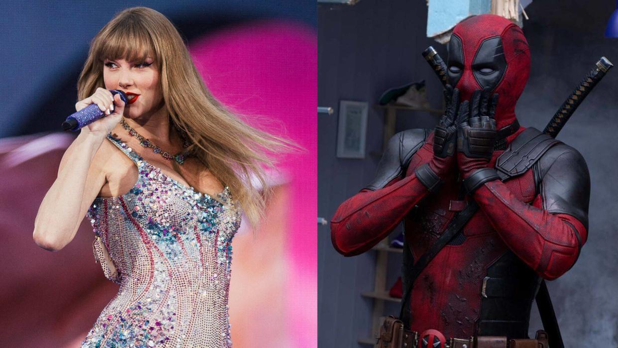 Taylor Swift sur scène lors de sa tournée « Eras Tour » à Lisbonne et Deadpool dans le film «  Deadpool & Wolverine »