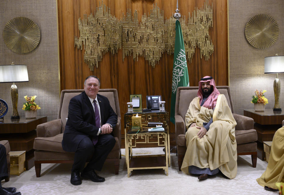 US Secretary of State Mike Pompeo, left, meets with Saudi Arabia's Crown Prince Mohammed bin Salman, at Irqah Palace in the capital Riyadh, Thursday, Feb. 20, 2020. Pompeo met with Saudi Arabia's King Salman on Thursday in a visit focused primarily on discussing shared security concerns about regional rival Iran. (Andrew Caballero Reynolds/Pool via AP)